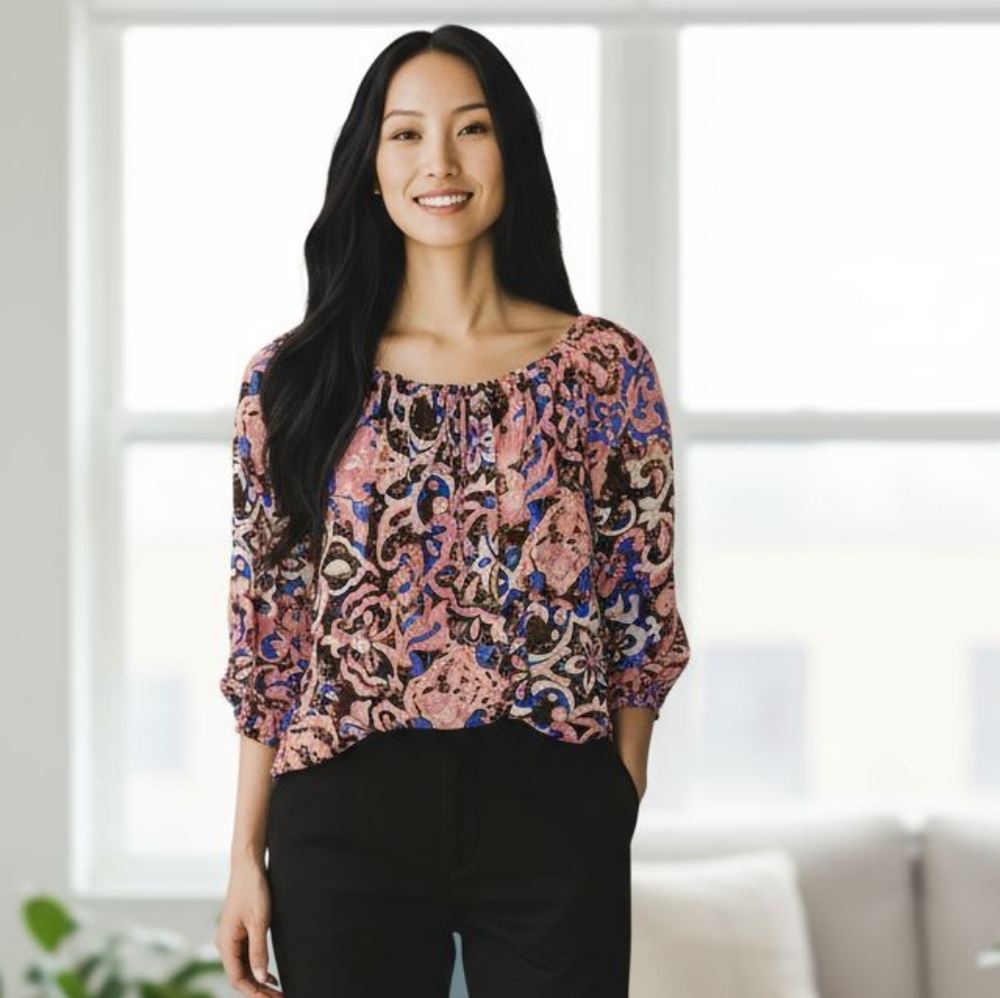 Talbots Multicolor Abstract Floral Blouse Sz XS‎ Paisely Feminine Romantic Fairy